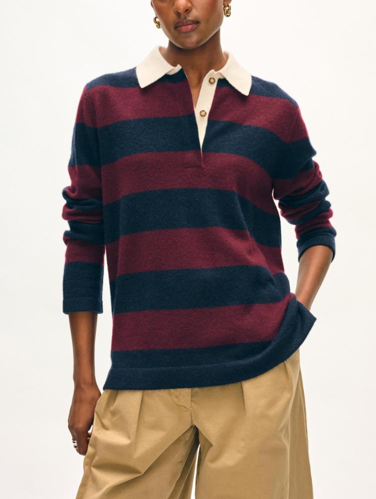 CASHMERE RUGBY STRIPE POLO navy/ sangria | White & Warren | MARKET