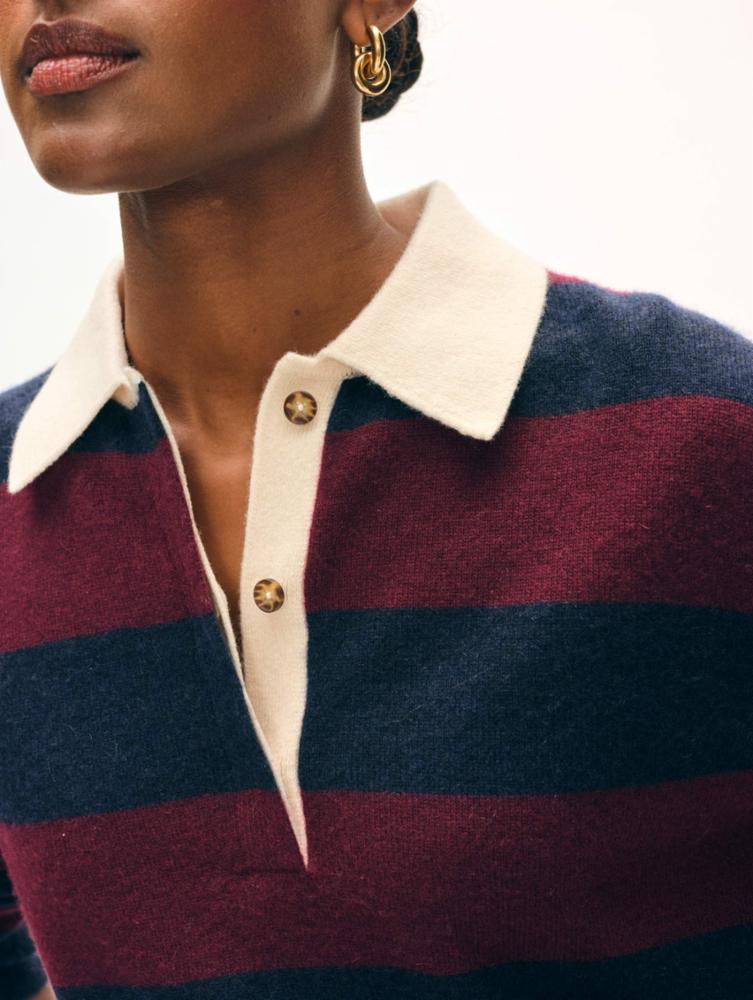 CASHMERE RUGBY STRIPE POLO navy/ sangria | White & Warren | MARKET