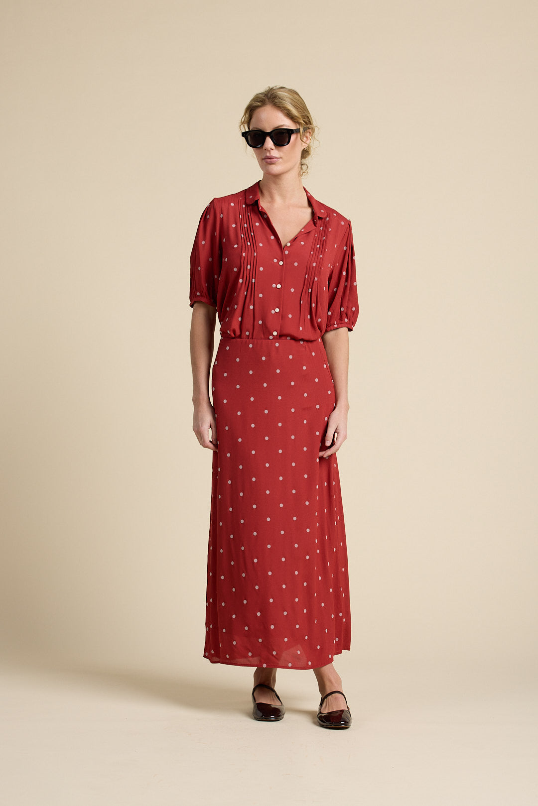 Nadine Blouse Berry Flocked Dot | Trovata | MARKET