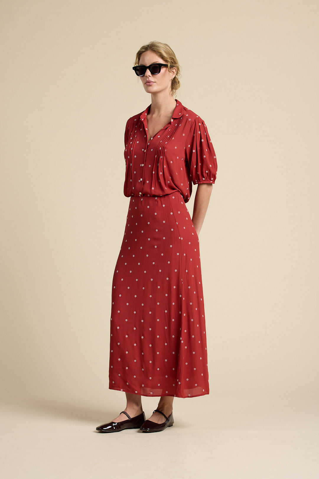 Nadine Blouse Berry Flocked Dot | Trovata | MARKET