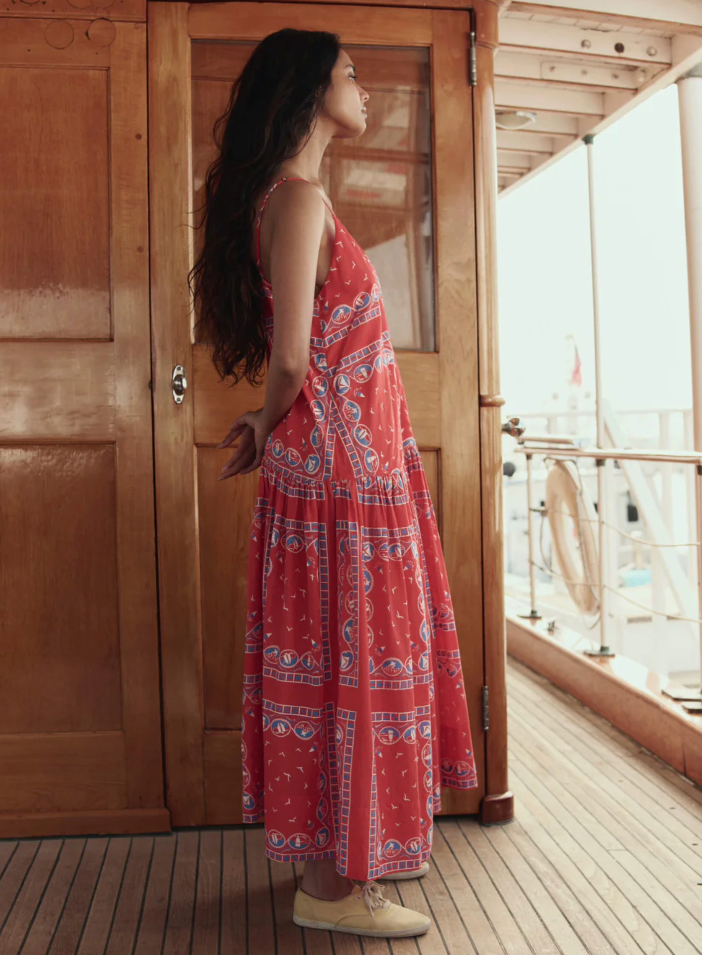 Drop waist dress in red sailboat motif | The Great | MARKET