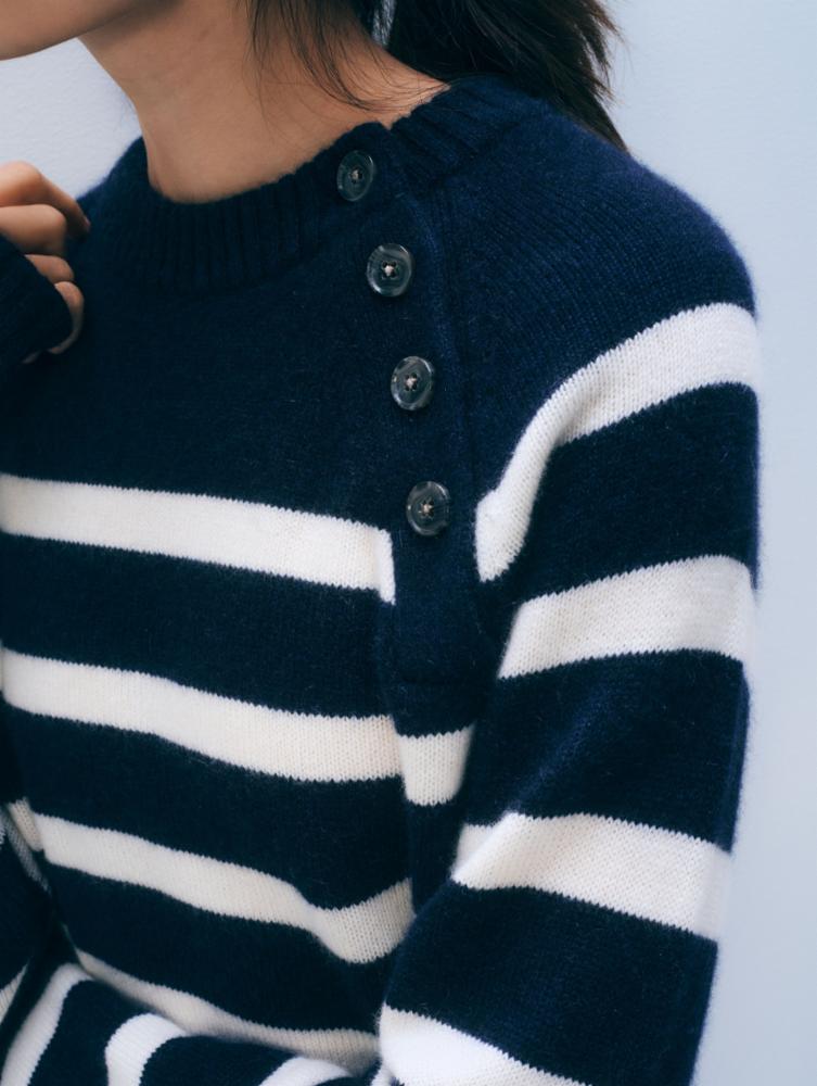 Stripe sweater side btn navy/cream | W& W |MARKET