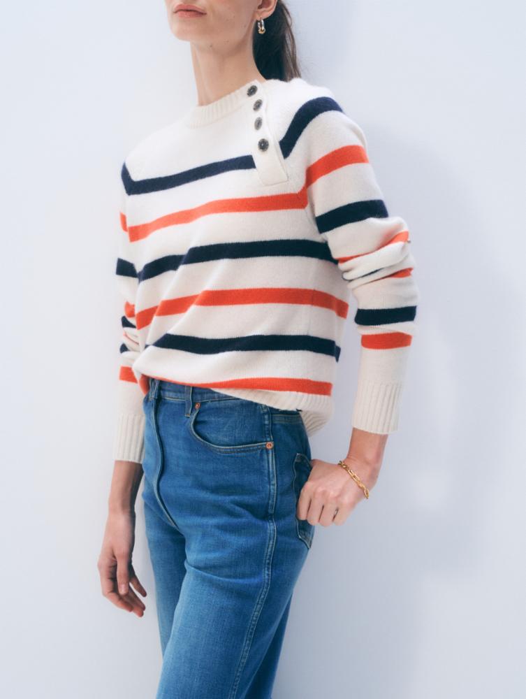Stripe sweater side btn Cream/navy/red | W& W |MARKET