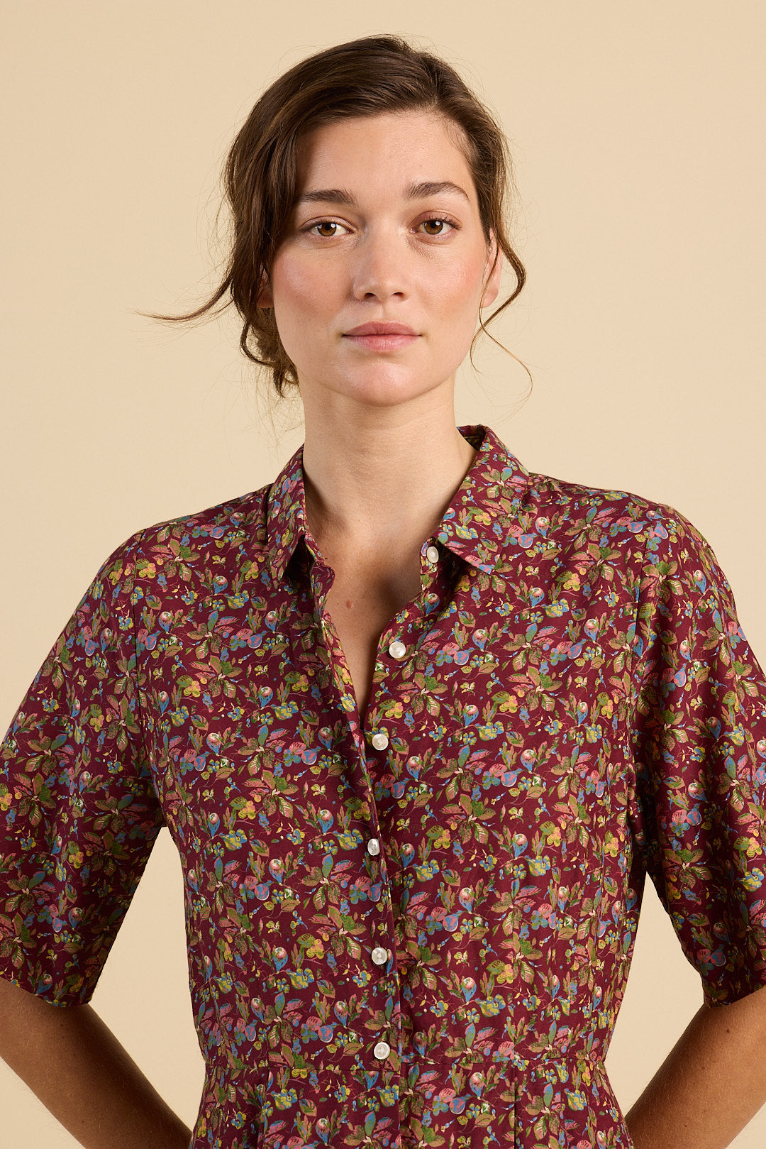 Close up of Aster Dress in brandied pear | Trovata | MARKET