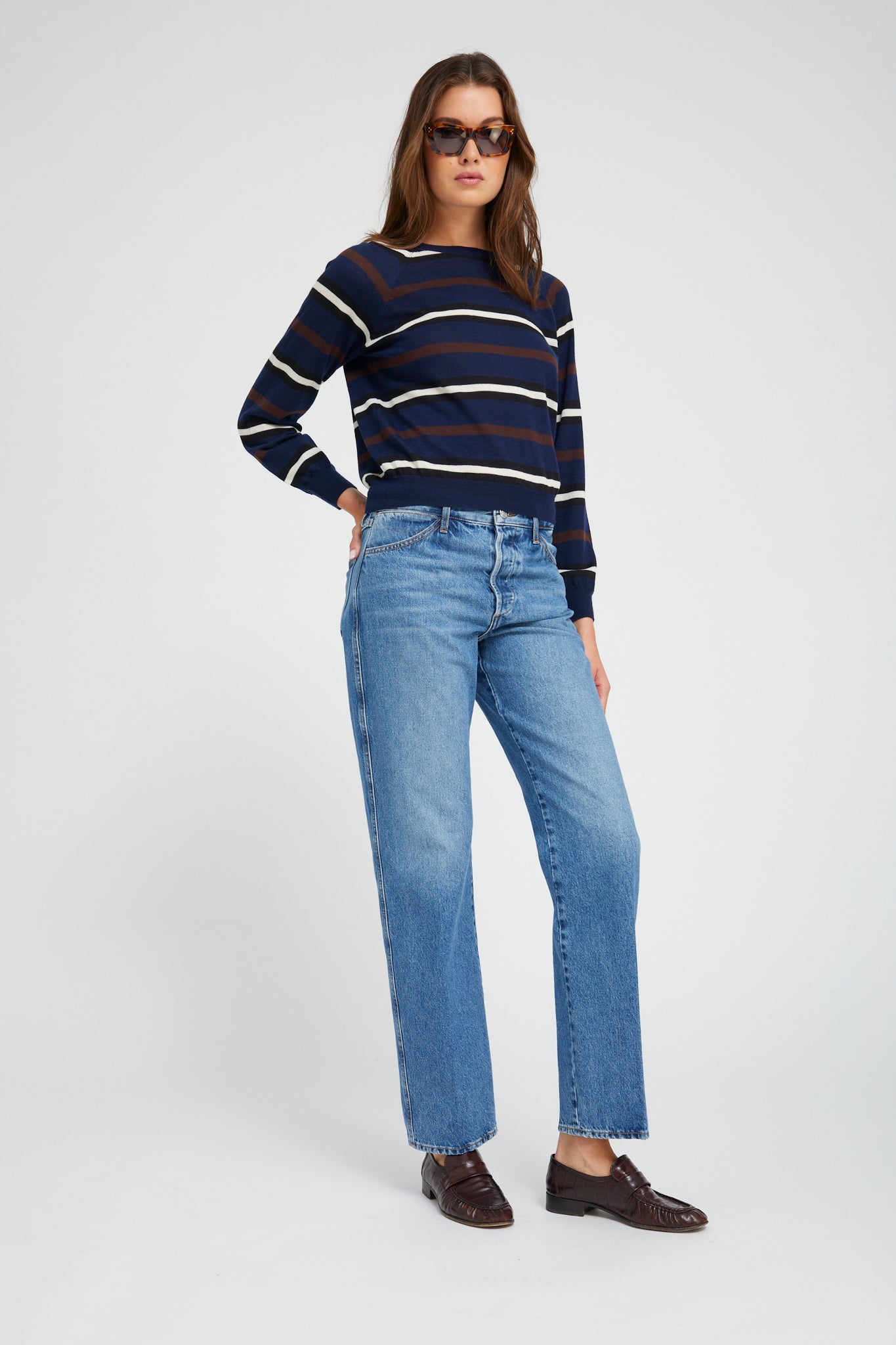 L/S STRIPED RAGLAN TEE navy/brown | SPRWMN | MARKET