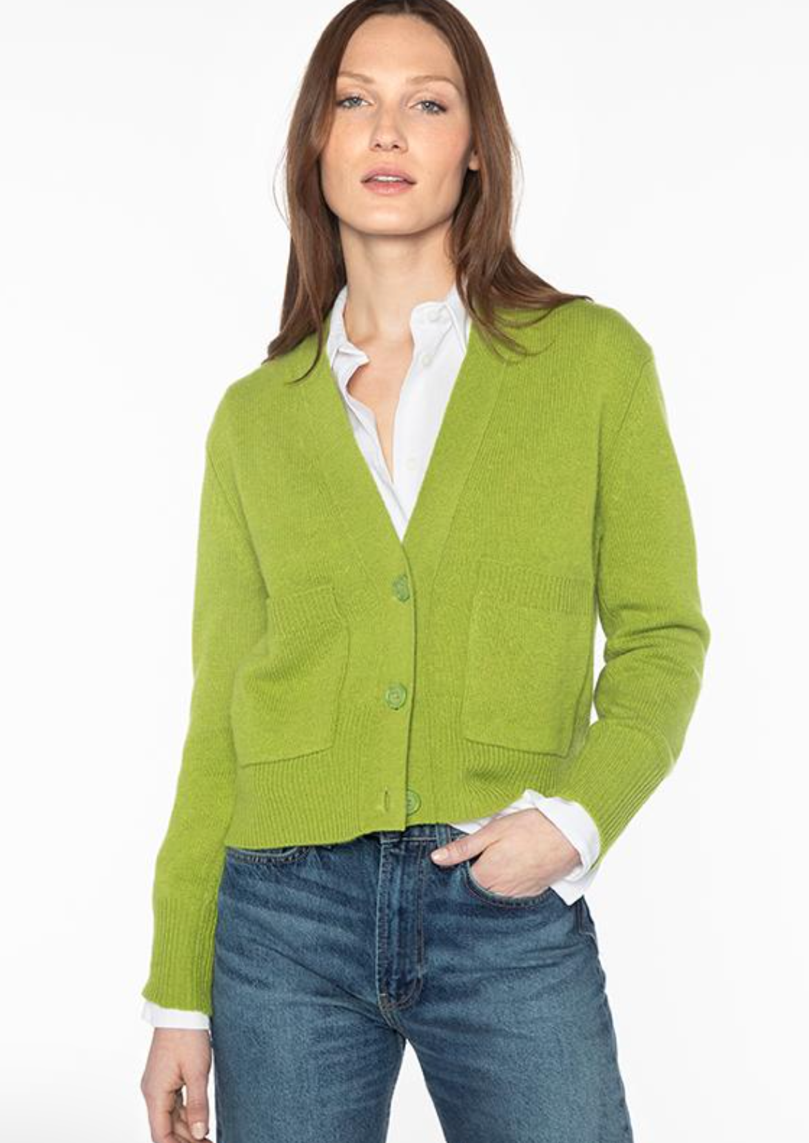 V cardi with 2 pockets in moss