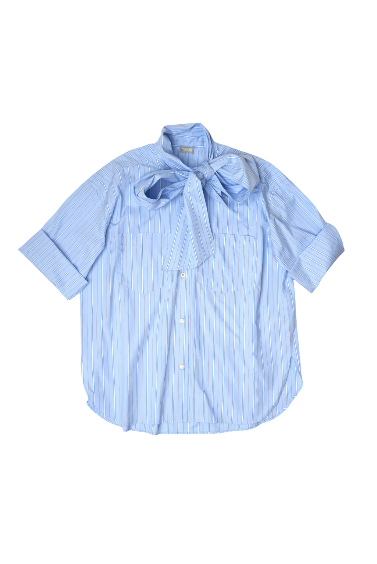 Polly blouse with tie in blue stripe Japanese shirting fabric 