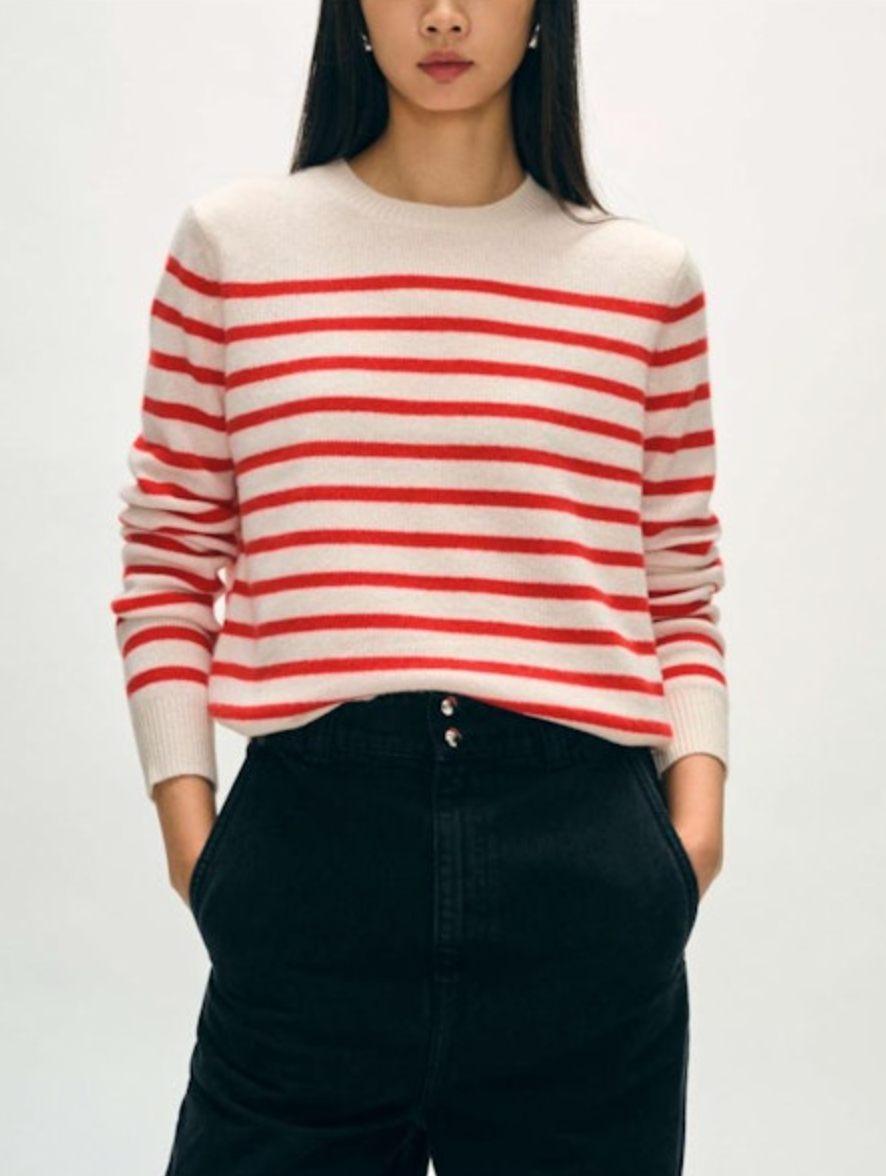 Cashmere striped crew soft white w/ red | white + warren | MARKET 