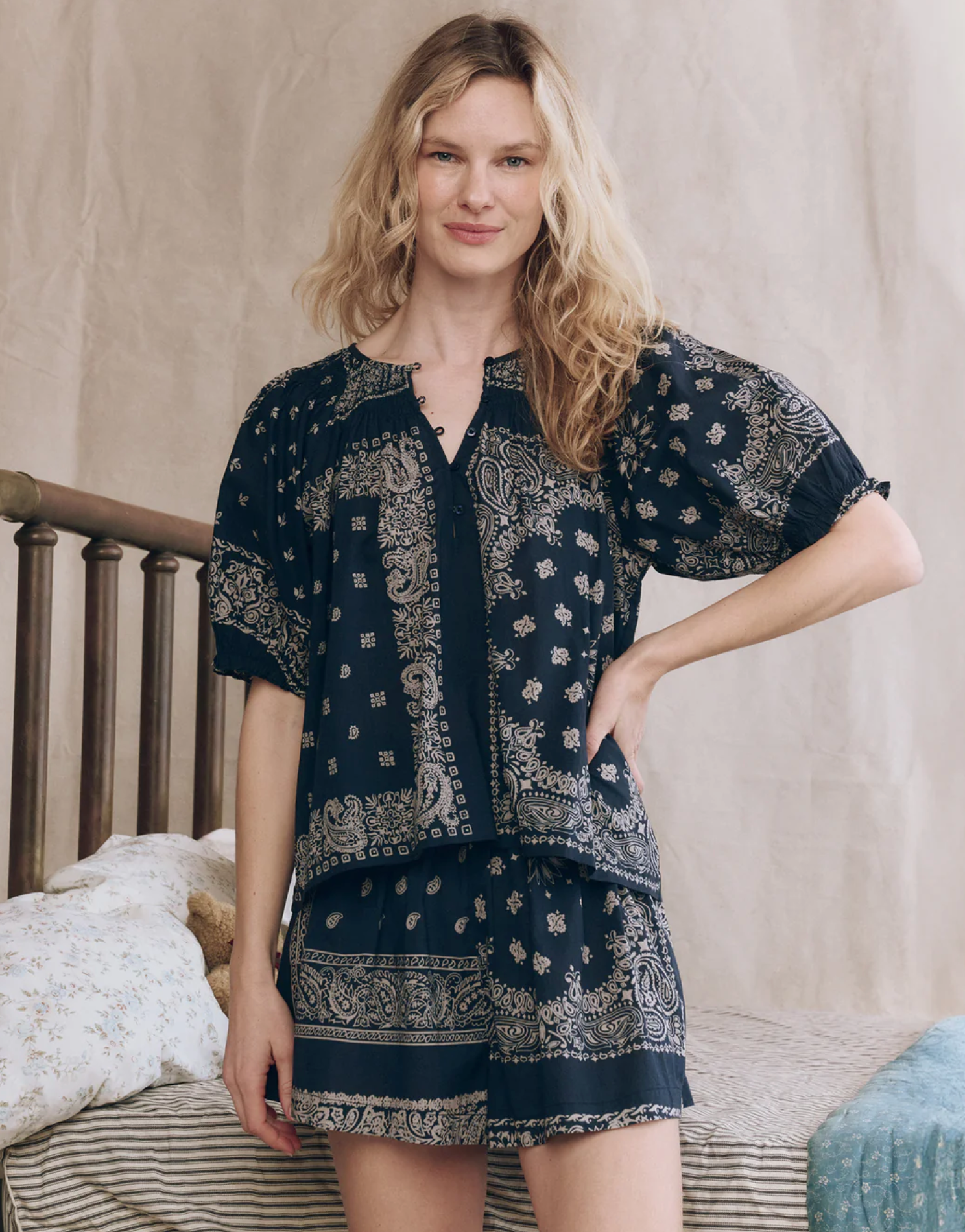 Smocked sleeve top bandana print navy | The Great | MARKET 