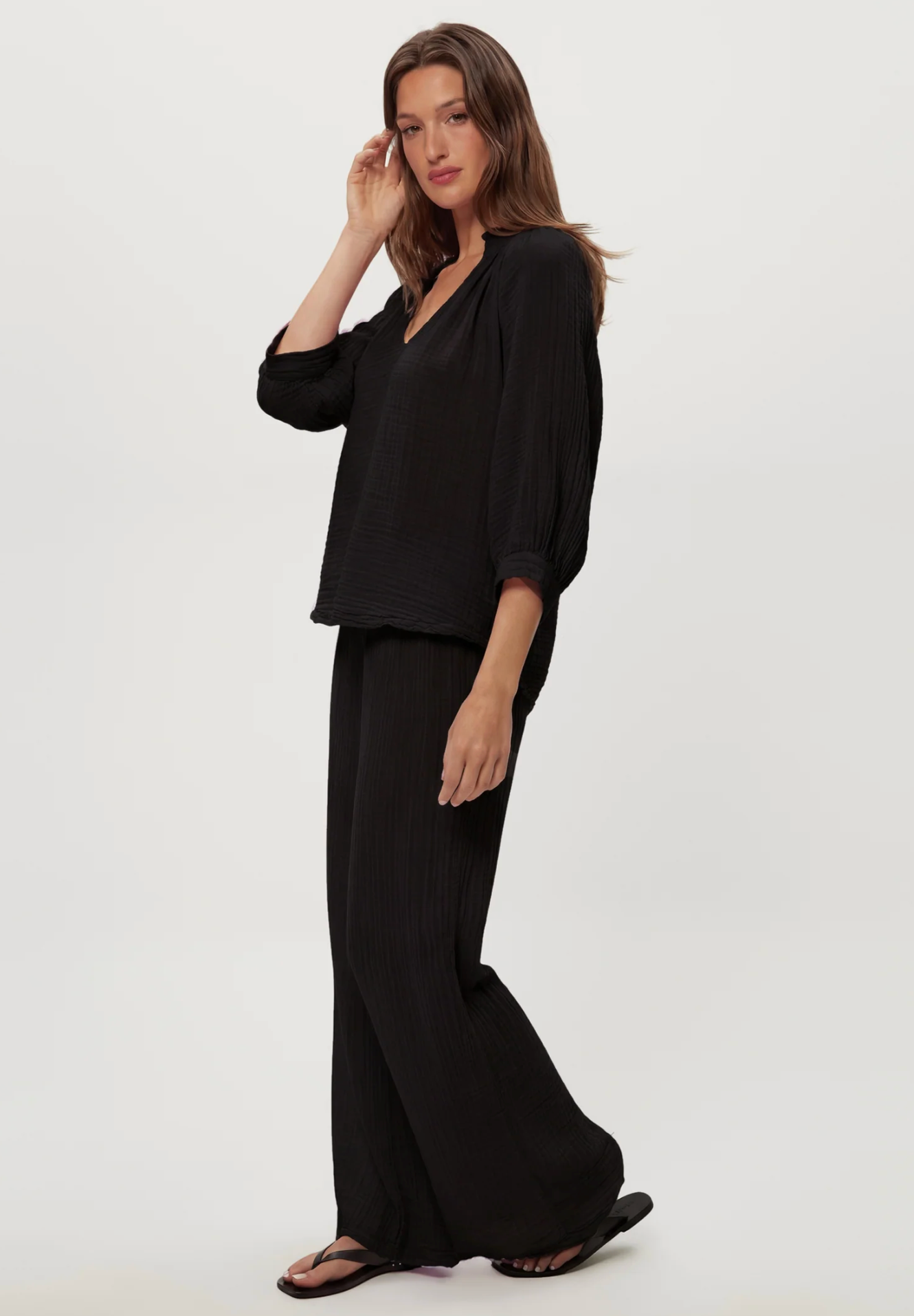 Kali Gauze ruffle neck  Black| Michael Stars | MARKET