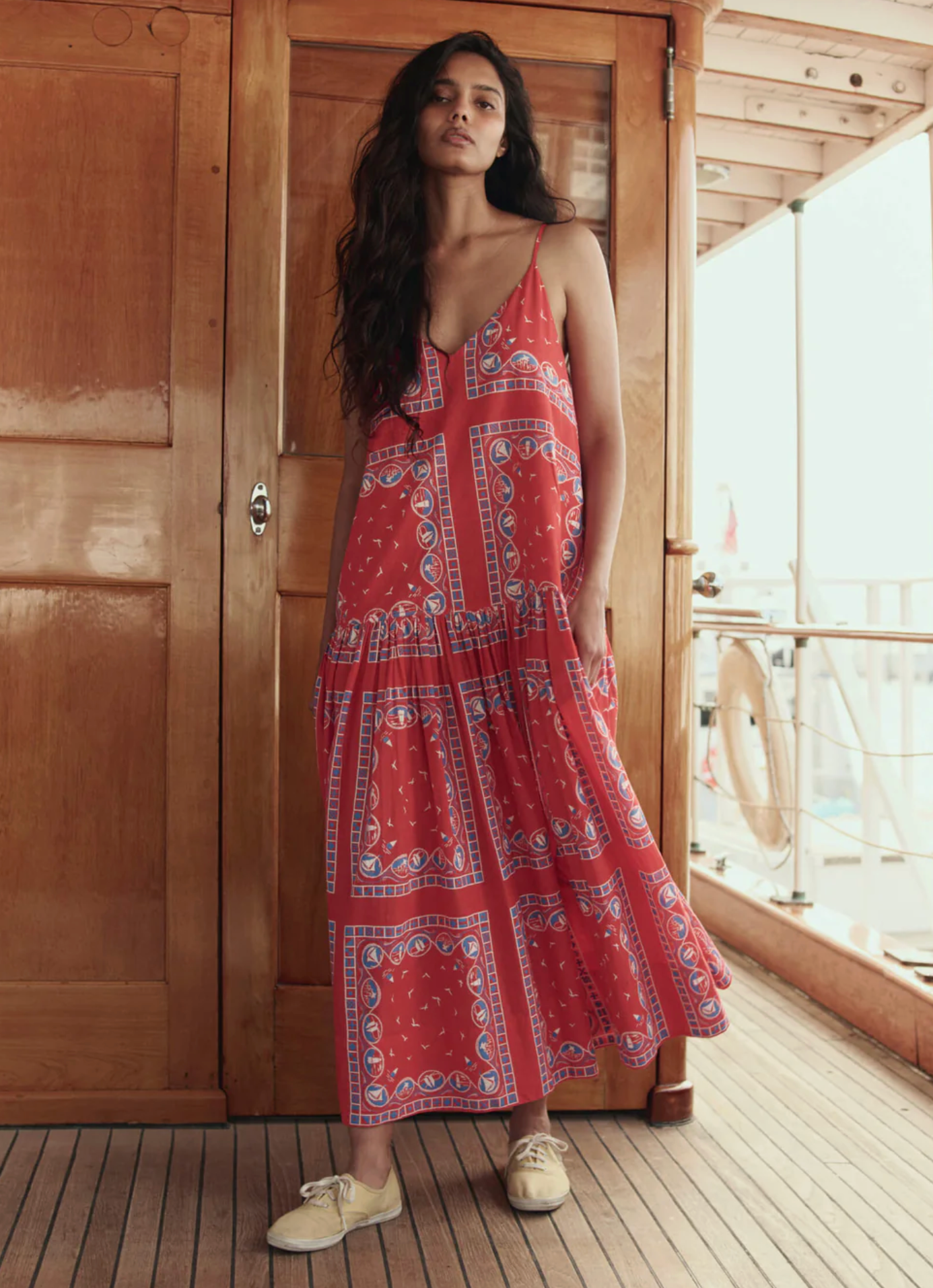 Drop waist dress in red sailboat motif | The Great | MARKET