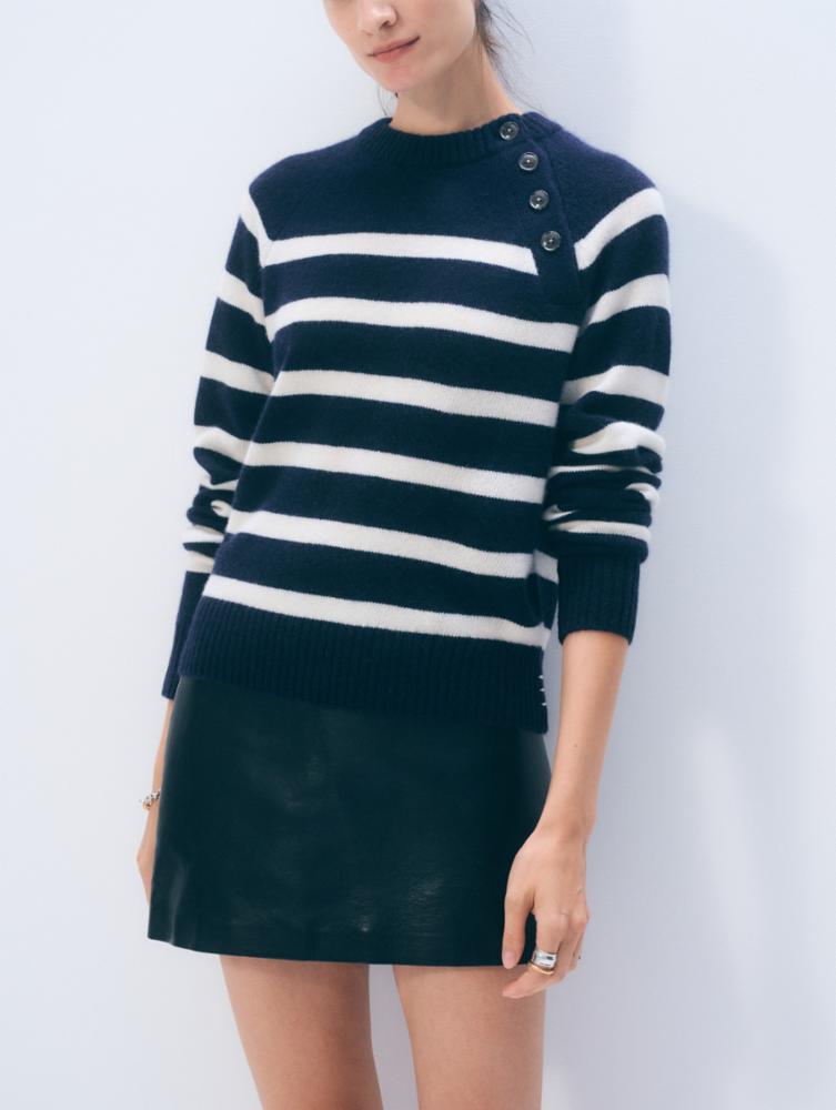 Stripe sweater side btn navy/cream | W& W |MARKET