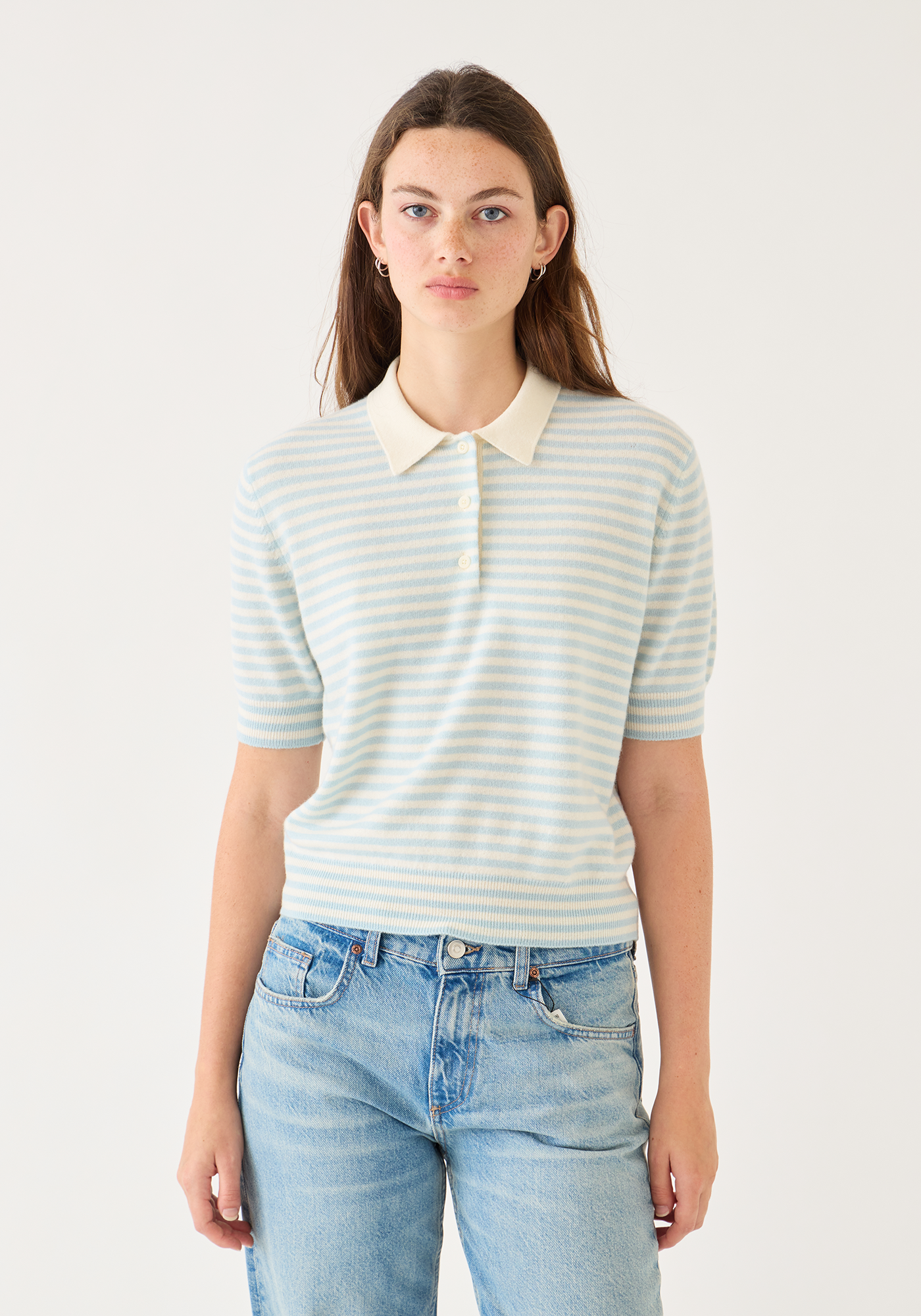 Amelia Stripe Cashmere Polo Top milk/ivory | Demy Lee | MARKET