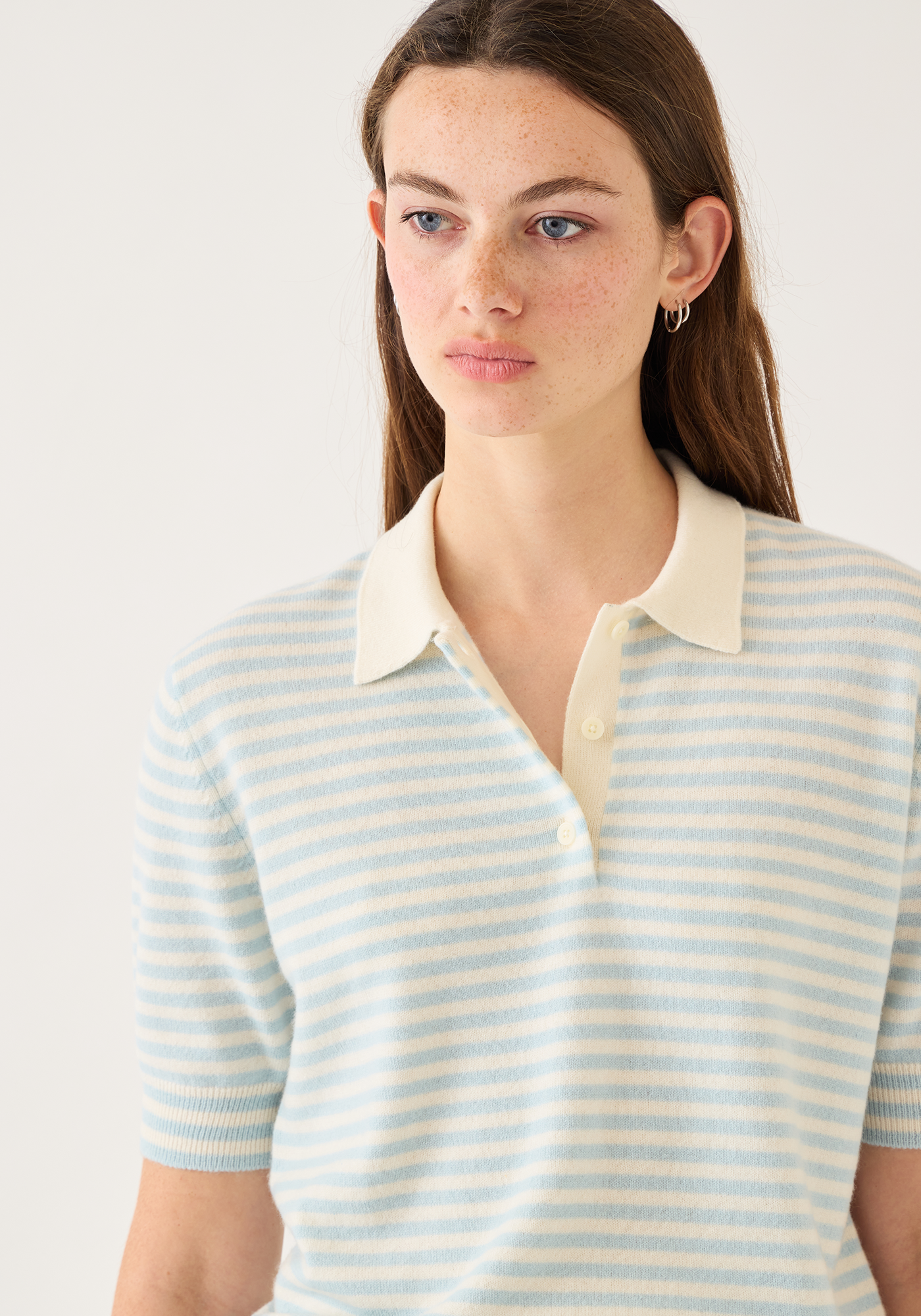 Amelia Stripe Cashmere Polo Top milk/ivory | Demy Lee | MARKET