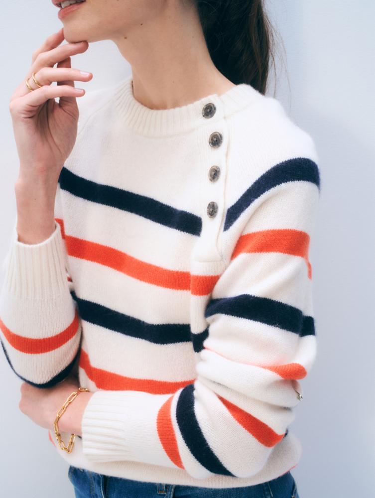 Stripe sweater side btn Cream/navy/red | W& W |MARKET